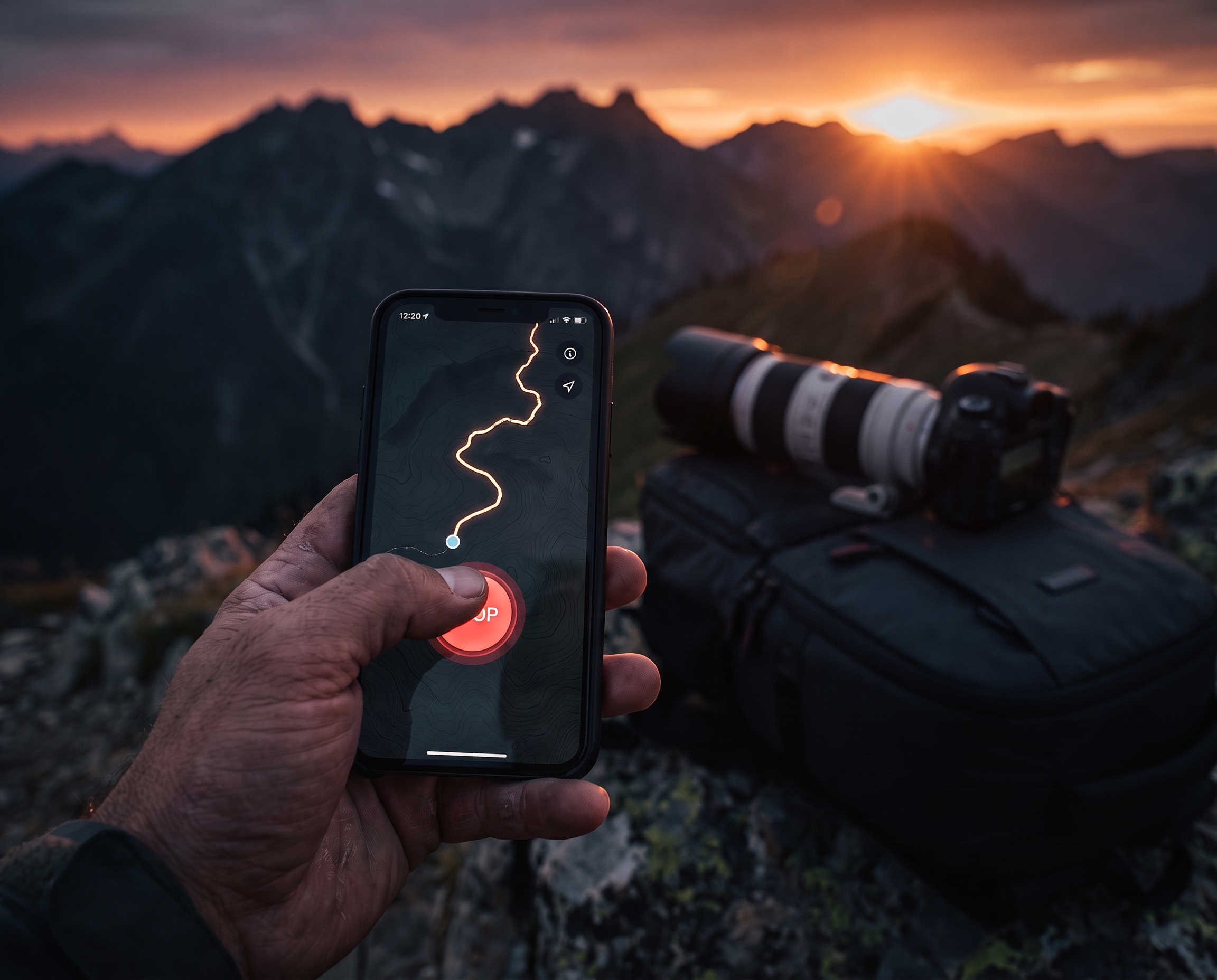 Photographer stopping the LightGPX recording on their phone at sunset